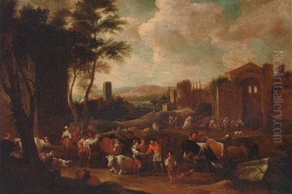 Drovers With Cattle In An Italianate Landscape by Antoon Goubau