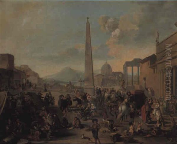 A Capriccio Of A Roman Market With Numerous Figures by Antoon Goubau