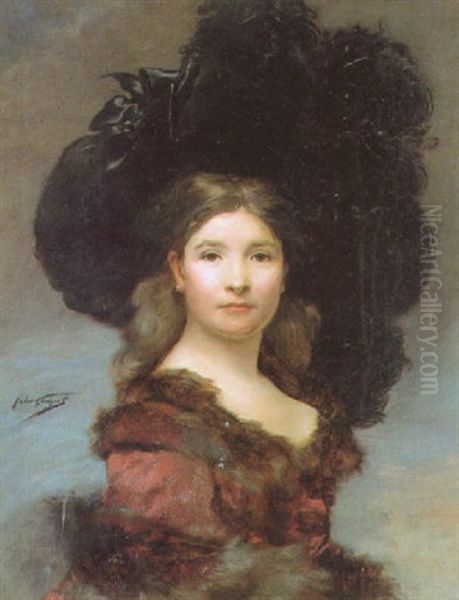 Portrait Of A Young Girl Wearing A Feathered Hat by Jules Adolphe Goupil