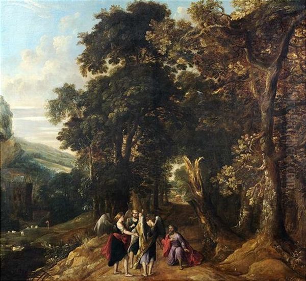 Landschaft Mit Abraham Und Den Drei Engeln by Abraham Govaerts