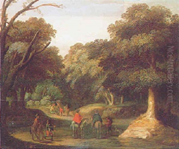 A Wooded Landscape With Riders Discoursing And Other Figures On A Country Path by Abraham Govaerts