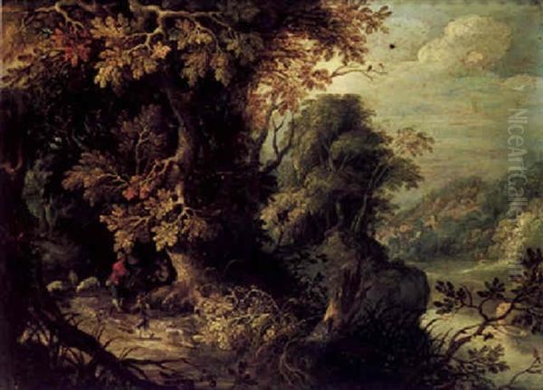 A Wooded Landscape With Figures On A Path Above A River by Abraham Govaerts