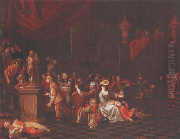 Elegant Figures In Carnival Costume Merrymaking Among Musicians In An Interior by Hendrik Govaerts