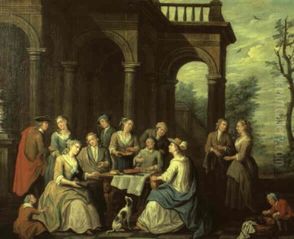 Elegant Figures Eating, Drinking And Conversing Outside Classical Pavillion by Hendrik Govaerts