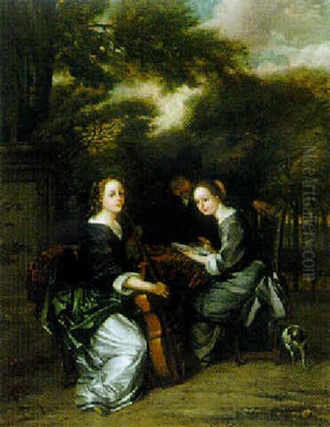 Ornamental Garden With Two Women Seated At A Table Playing Music, With A Gentleman Standing Behind by Barend Graat