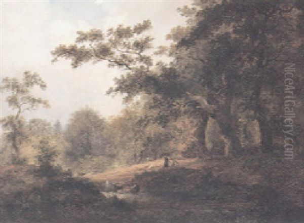 A Wooded Landscape With Figures Gathering Sticks And Cattle Watering At A Pond In The Foreground by Christian (Johann Chr. Leberecht) Grabau