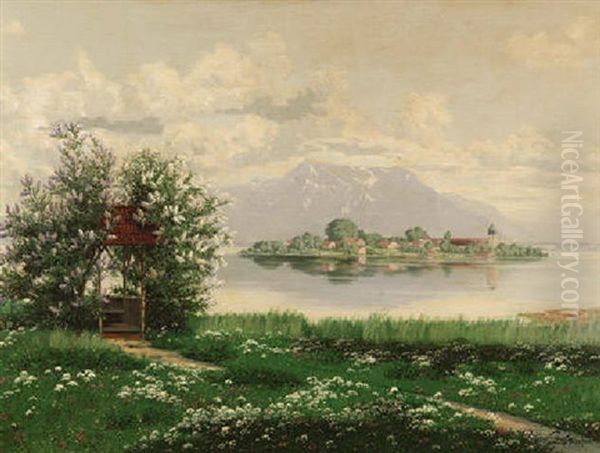 Blick Vom Ufer Auf Den Chiemsee Mit Der Fraueninsel Im Fruhling by Philipp Graf