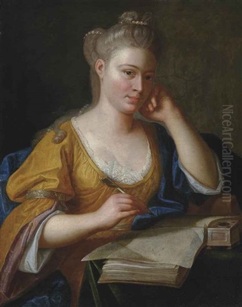 Portrait Of A Lady, Half-length, In A Yellow Dress And Blue Wrap, Seated At A Writing Table, A Quill In Her Right Hand by Anton Graff