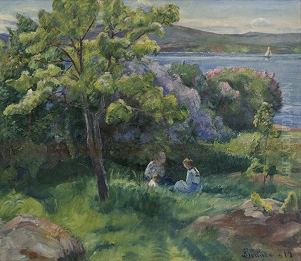 Woman And Children In Summer Landscape by Severin Grande