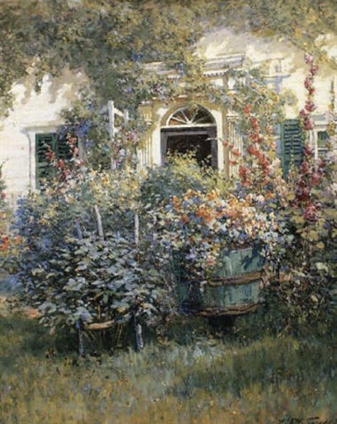 Wisteria And Hollyhocks by Abbott Fuller Graves