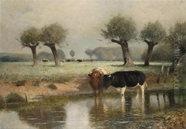 Cows In Summer Landscape by Fritz Grebe