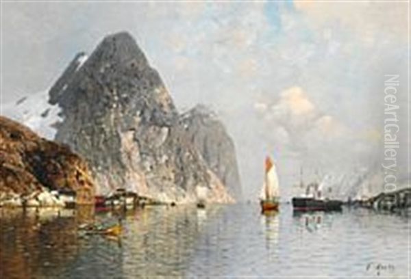 Summer Day In A Norwegian Fjord With Several Ships by Fritz Grebe