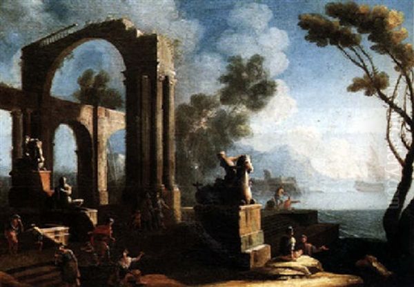 A Coastal Landscape With Figures Resting Among Ruins by Gennaro Greco