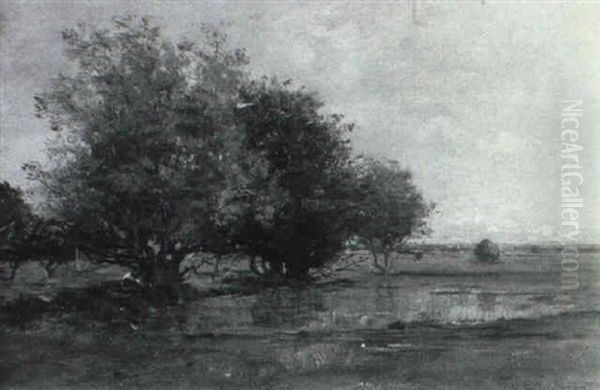 Landscape With Trees And Haystacks by Charles Edwin Lewis Green