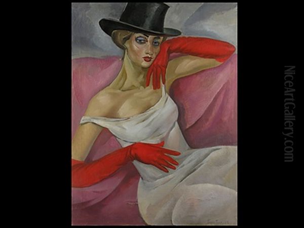 Dame Mit Zylinder Und Roten Handschuhen by Boris Dmitrievich Grigoriev