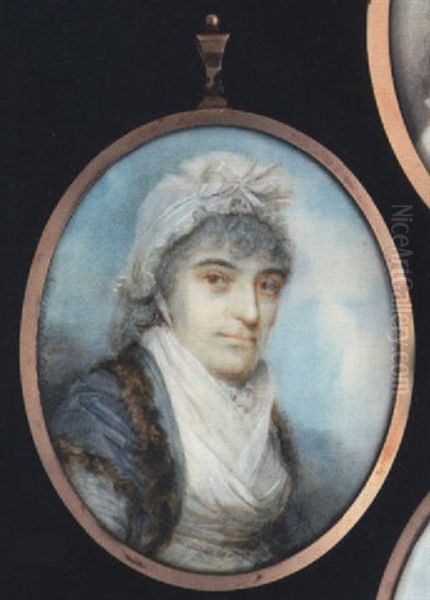 A Lady Wearing Fur-trimmed Blue Dress Over White Dress With White Fichu, A Matching Indoor Bonnet, Decorated With A White Ribbon, Over Powdered Hair by William Grimaldi