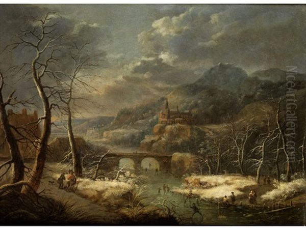 Winterliche Flusslandschaft Mit Bogenbrucke, Erhoht Stehendem Stadtchen Sowie Schlittschuhlaufern Als Figurenstaffage by Jacob Grimmer