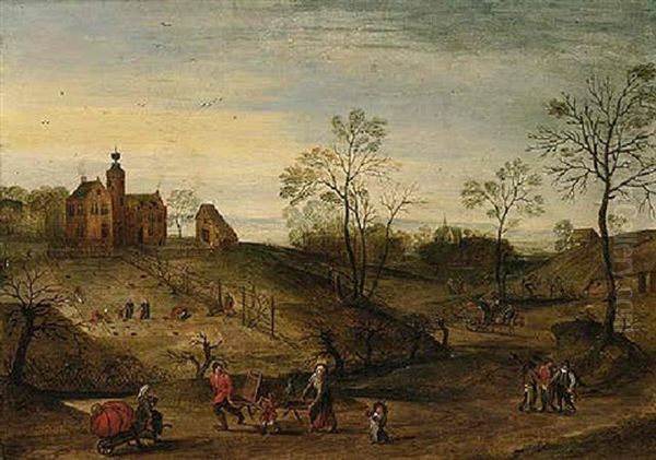 Spring - An Extensive Landscape With A View Of A Country House With Figures Planting, Travellers On A Road In The Foreground by Jacob Grimmer