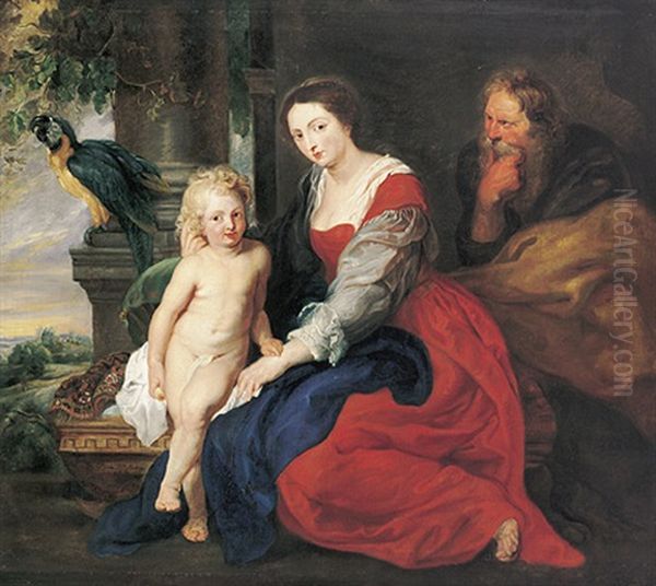 Hl. Familie Vor Saulenhintergrund Mit Papagei (after Rubens) by Alexis Grimou