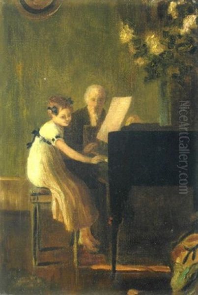 Klavierstunde (junges Madchen Mit Lehrer Am Flugel) by Hermann Groeber