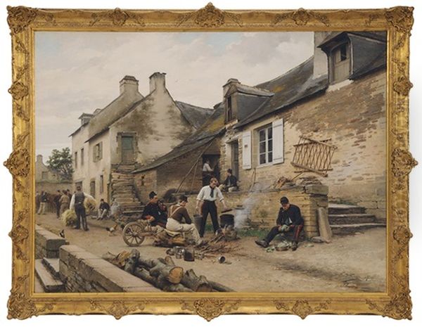 French Artillerie Soldiers At Rest In A Village by Paul (Louis Narcisse) Grolleron