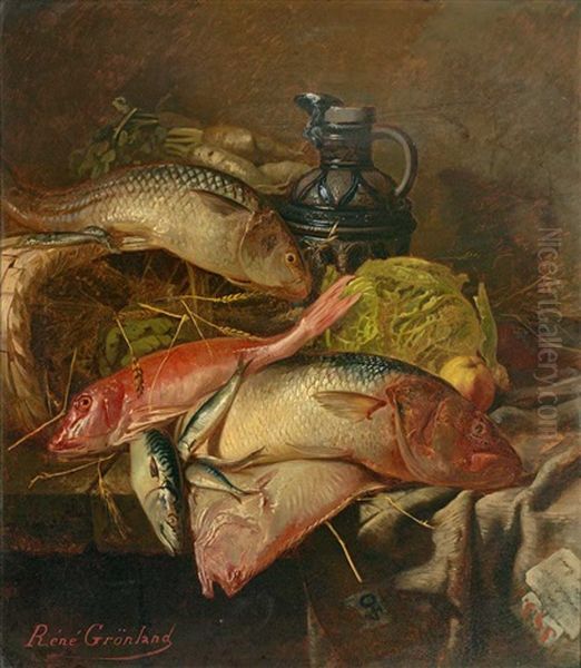 Stilleben Mit Fischen, Wirsing, Rettichen Und Steinzeugkrug by Rene Groenland