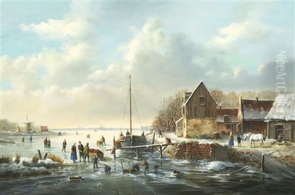 Boat And Figures On A Frozen River by A. de Groote