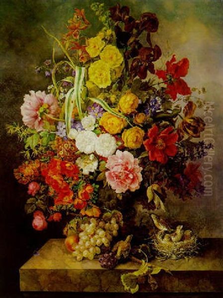 Prachtvolles Blumenstuck Mit Vogelnest by Karl Franz Gruber