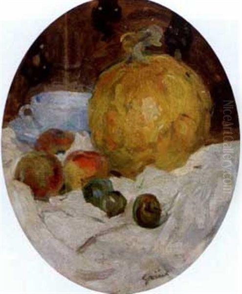 Still Life Of Blue Tea Cup, Gourd And Fruit by Jules Alexandre Gruen