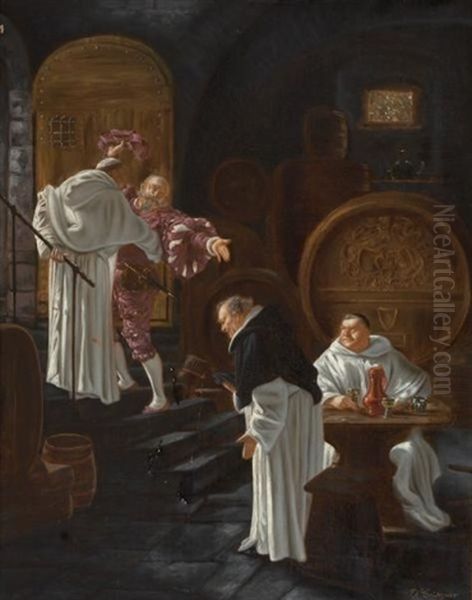 Four Figures In A Wine Cellar by Eduard von Gruetzner