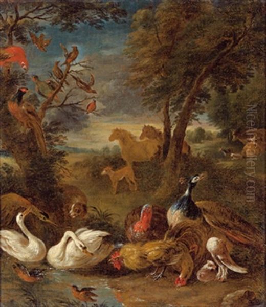 Bewaldete Landschaft Mit Schwanen, Huhnern, Einer Kropftaube, Einem Pfau, Einem Papagei Und Anderen Vogeln, Mit Pferden Sowie Einem Hund An Einem Teich by Adriaen de Gryef