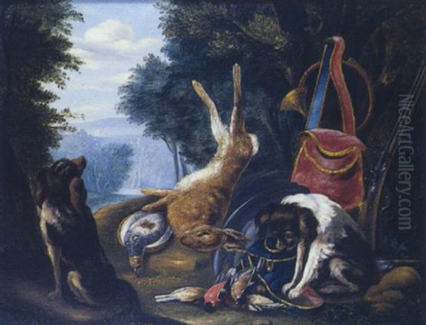 Chiens Gardant Des Trophees De Chasse Dans Un Paysage Boise by Adriaen de Gryef