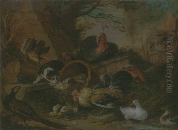 Still Life Of Fowl In A Farmyard, With A Cat Stealing A Bantam Chick by Adriaen de Gryef