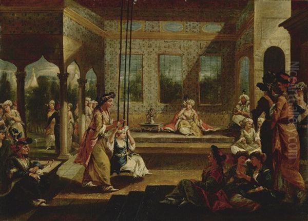 A Harem Scene With Soldiers Smoking And Odalisques Relaxing And Playing On A Swing In An Interior Courtyard by Giovanni Antonio Guardi