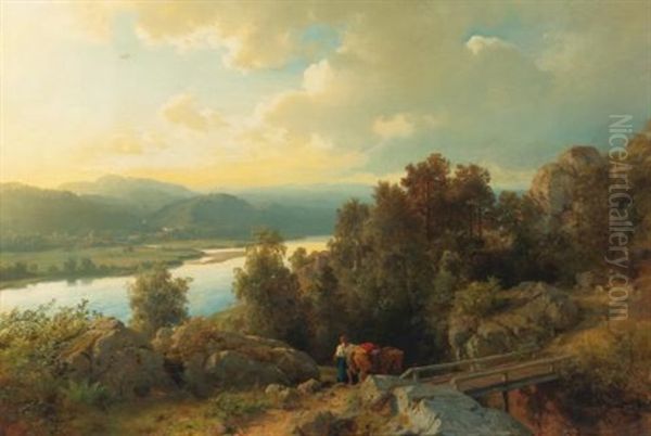 A Lakeside Landscape by Hans Frederick Gude