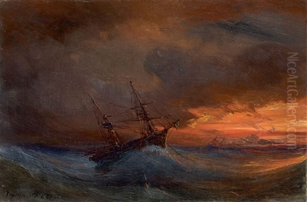 Ship In A Stormy Sea, At Sunset by Baron Jean Antoine Theodore Gudin