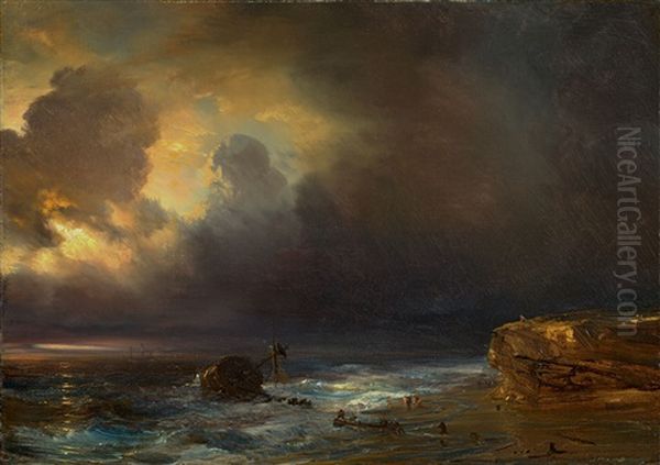 Coastal Scene By Moonlight by Baron Jean Antoine Theodore Gudin