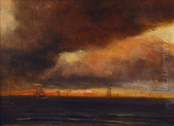 Sailing Ships Below A Glowing Sky by Baron Jean Antoine Theodore Gudin