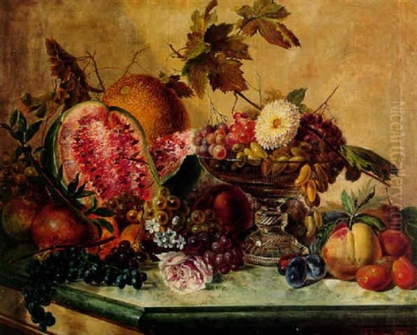 A Still Life With Fruit, Flowers And A Glass Bowl On A Green Marble Tabletop by Gennaro Guglielmi