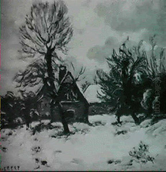 Vieille Ferme Sous La Neige Aux Environs De Rouen by Narcisse Guilbert