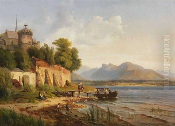 Oberitalienische Kustenlandschaft Mit Figurenstaffage by Ludwig Heinrich Theodor (Louis) Gurlitt