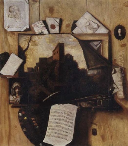 Trompe L'oeil - Stilleben Mit Gemalden, Einer Bildnisminiatur, Einem Notenblatt, Einem Stich Und Einer Palette An Einer Wand by Cornelis Norbertus Gysbrechts