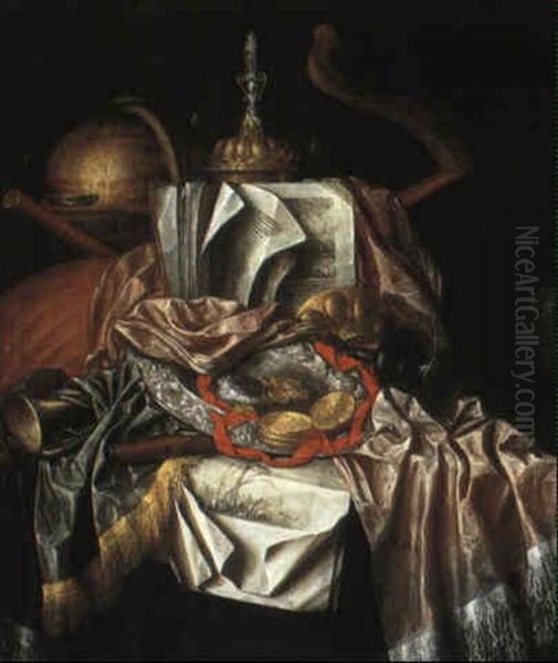 Still Life With Musical Instruments, Book, Globe And Plate On Table by Franciscus Gysbrechts