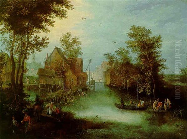 A River Landscape With Fishermen, Washerwomen And Travellers, A Village Beyond by Peter Gysels