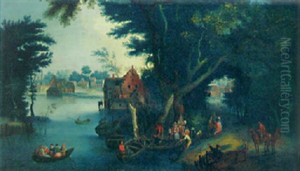 A Wooded River Landscape With Figures Boating By A Village by Peter Gysels