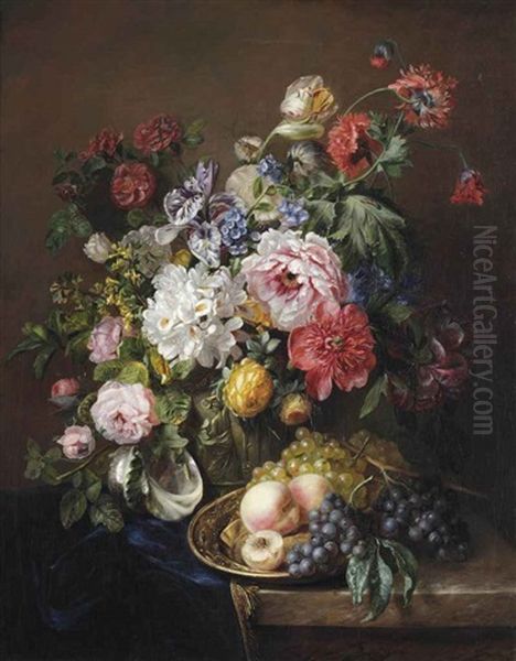 Roses, Poppies, Peonies, Tulips And Syringa With A Caterpillar And A Moth In A Vase With Classical Reliefs, Peaches And Grapes On A Copper Ewer... by Adriana Johanna Haanen