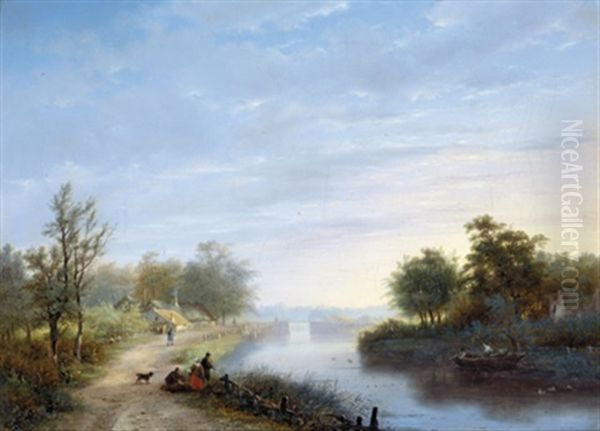 Fischer Beim Netzauslegen Am Fluss by George Gillis van Haanen