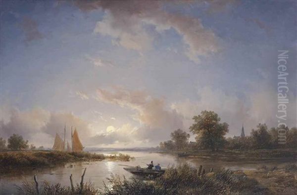 Anglers In Rowing Boat At Twilight by Remigius Adrianus van Haanen