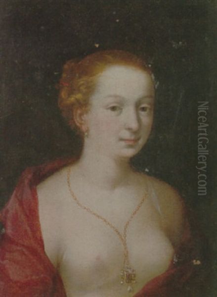 A Young Girl In A State Of Undress, Wearing A Burgundy Mantle, And A Gold Chain And Pendant by Cornelis Cornelisz Van Haarlem