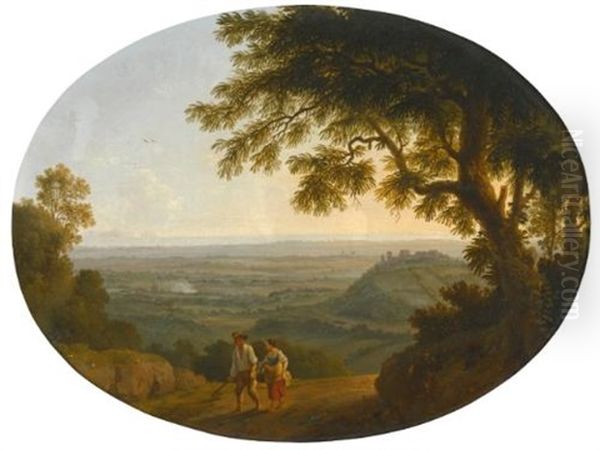 A View Across The Alban Hills, With A Hilltop On The Right And The Sea In The Far Distance by Jacob Philipp Hackert